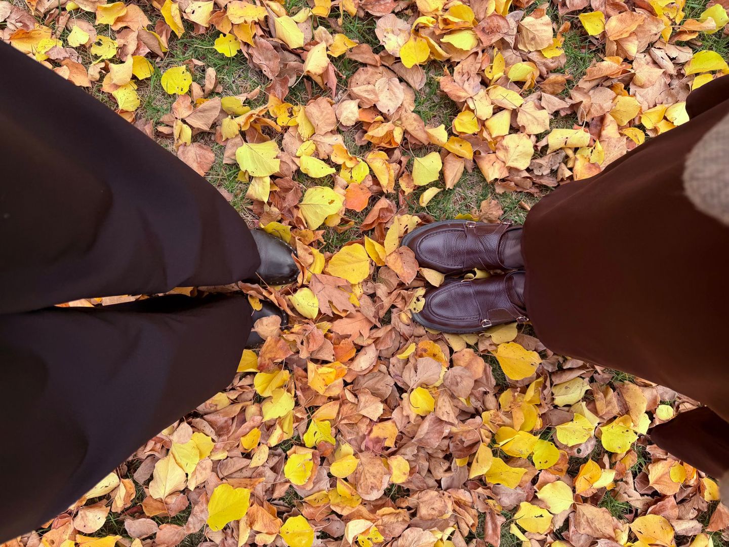 Top-down view of two people in boots standing