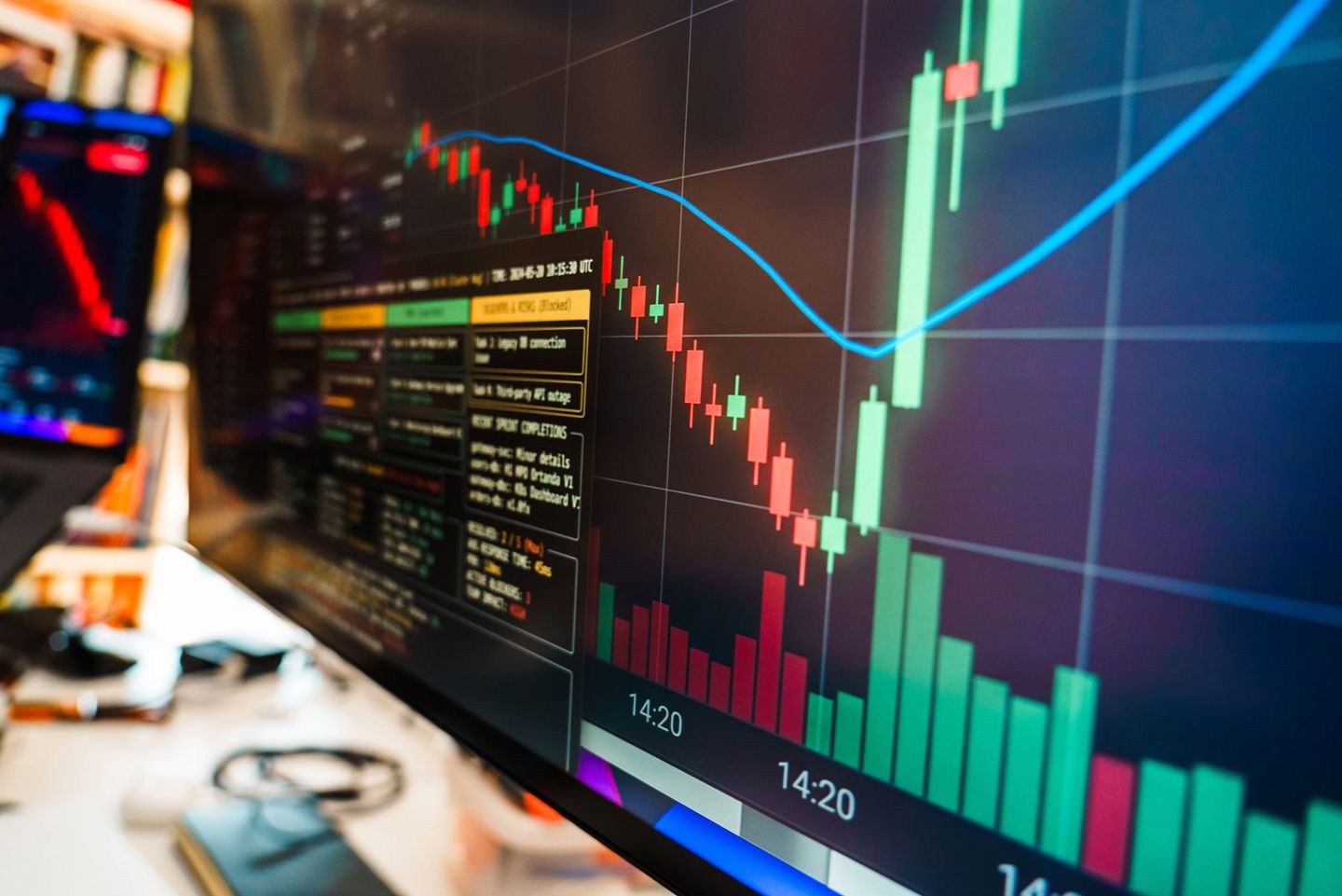 Close-up of a financial monitor displaying re