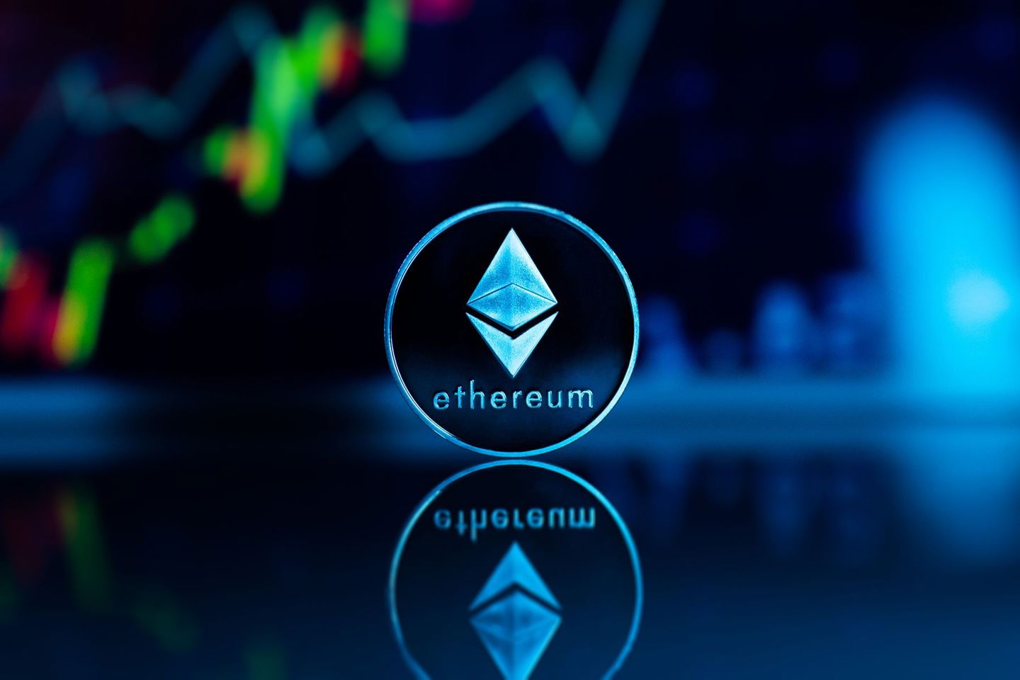 Ethereum coin with financial graph backdrop,