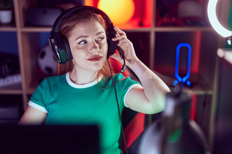 Young redhead woman streamer sitting on table with serious expression at gaming room