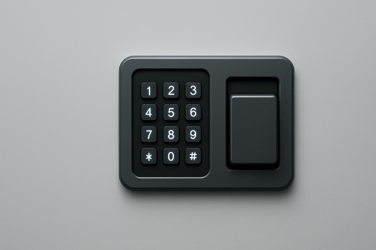 A top-down view of a black digital keypad with numbers 0-9, a star, and a hash key, mounted on a grey surface.